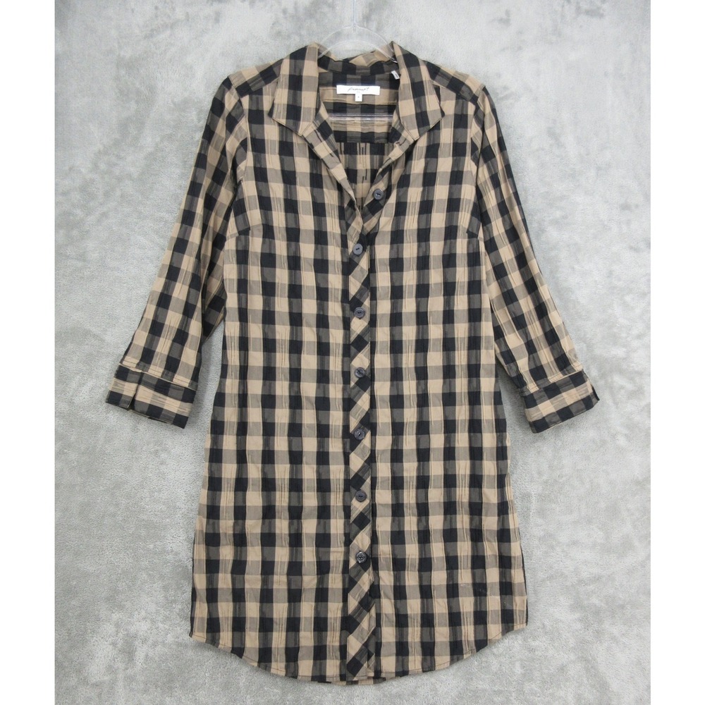 Foxcroft Dress Womens Size 8 Gingham Plaid Button Front Shirtdress Pockets Tan